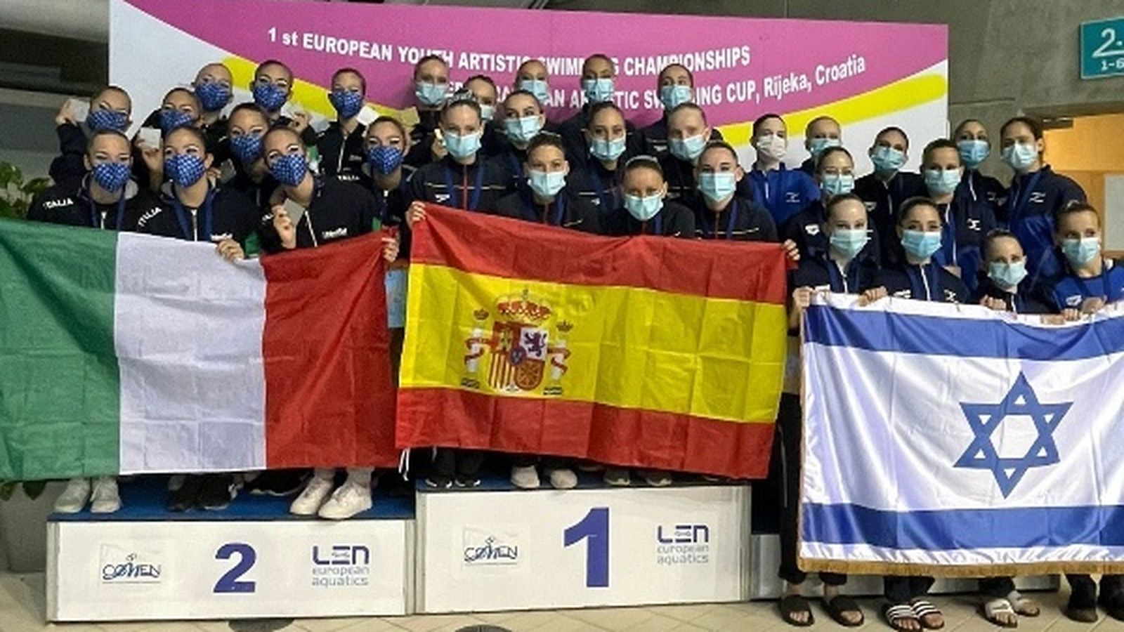 Una imagen del podio del primer Campeonato de Europa infantil de natación artística.