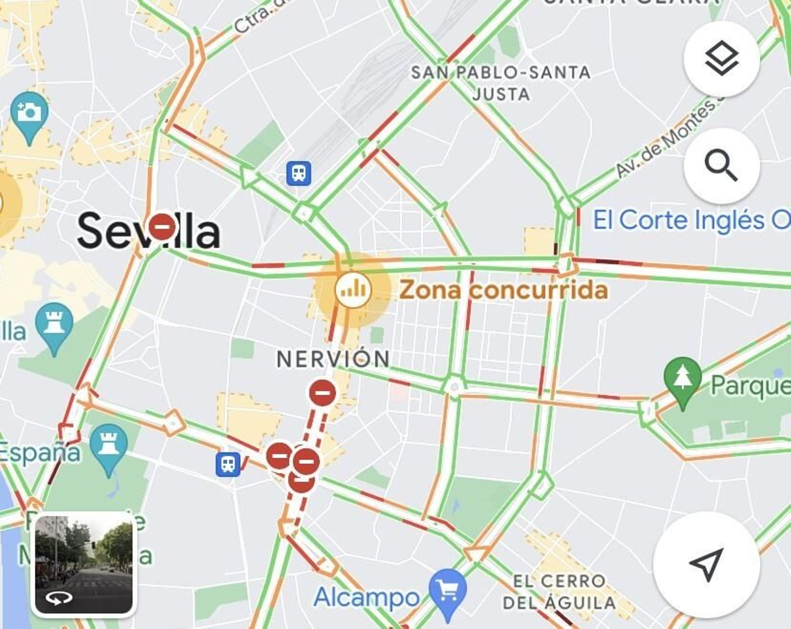 Ruta de Google Maps por Sevilla con zonas marcadas por nivel de tráfico en rojo, verde y naranja