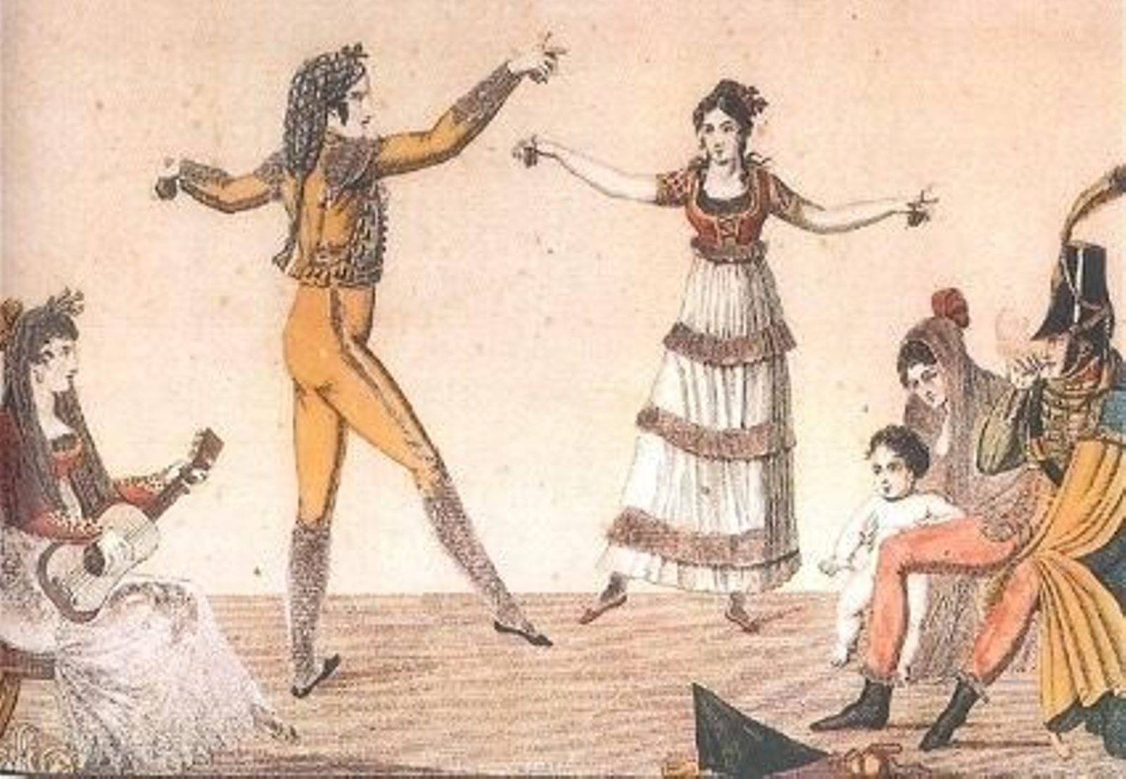 Grabado El fandango. Archivo del Instituto del Teatro de Barcelona. (Reproducido en el cap.2 de Huelva, tierra de fandangos).