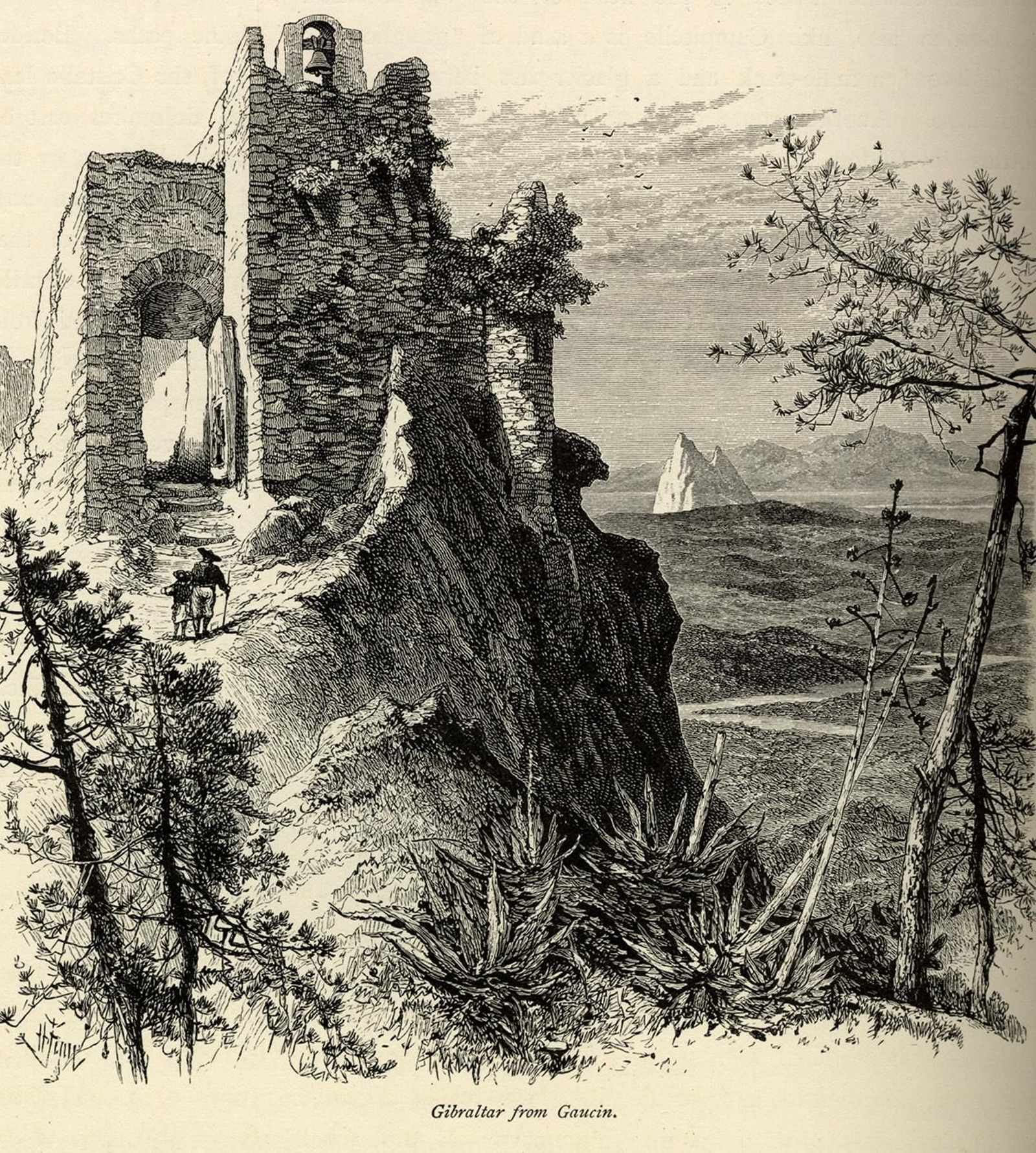 El peñón de Gibraltar y África vistos desde Gaucín. Grabado editado por Bayard Taylor en 1879.