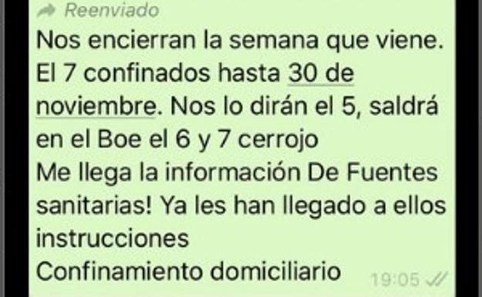 Pantallazo del whatsapp portador del bulo