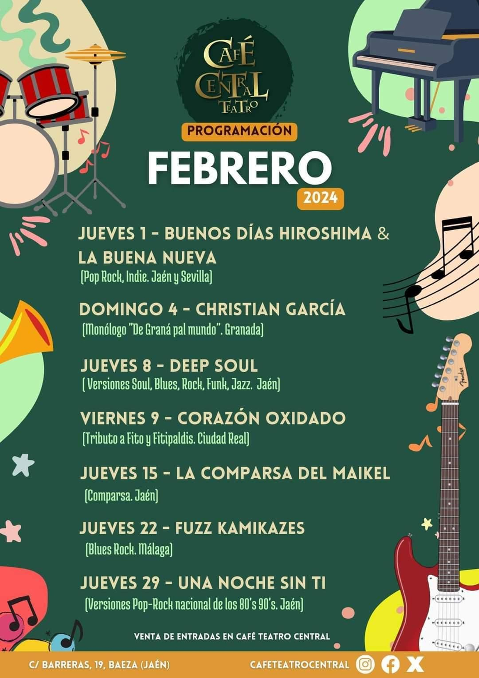 Programación de conciertos y actuaciones en la mítica sala baezana para este mes.