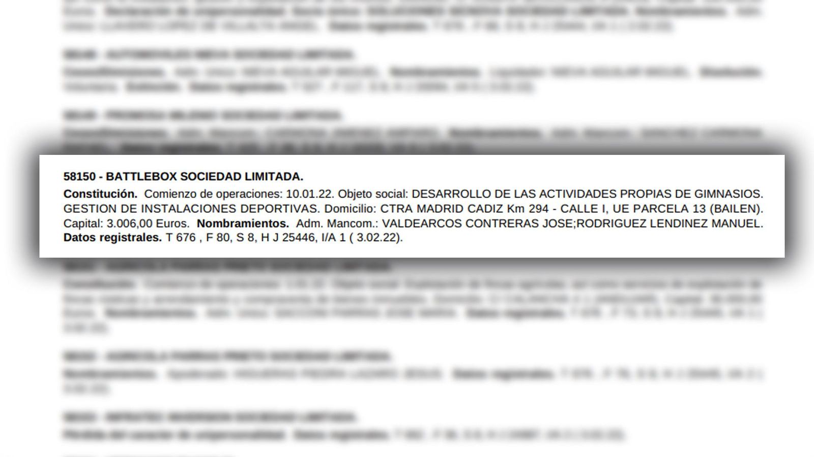 Extracto del Borme en el que figura la constitución de Battlebox, S. L.