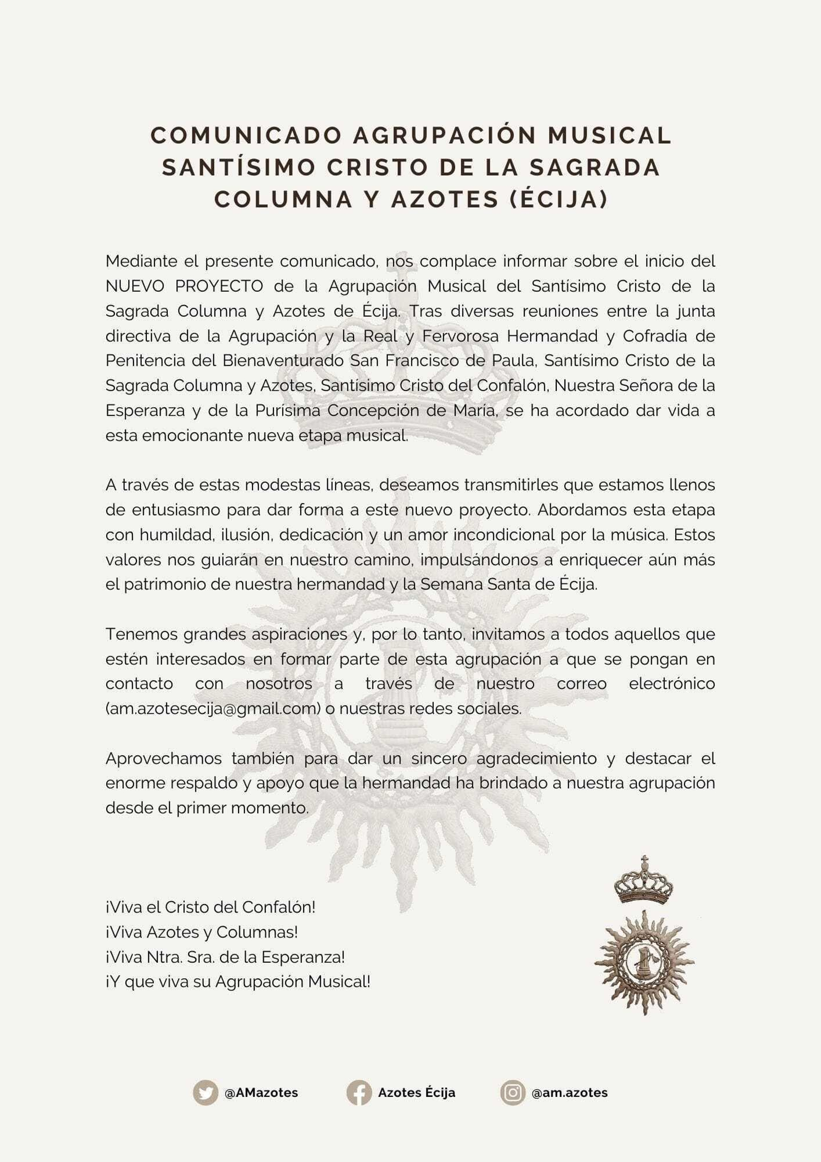 Comunicado completo de la formación musical