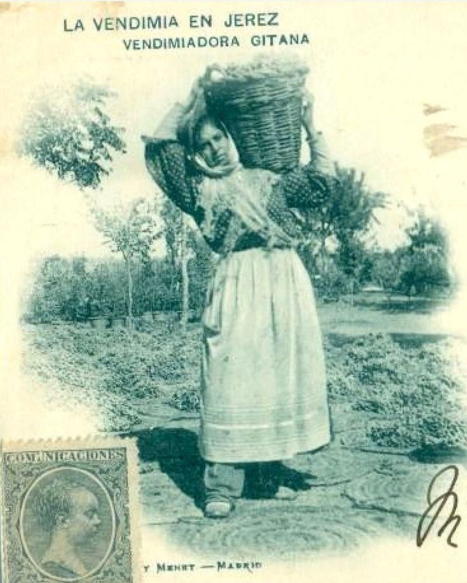 Una vendimiadora gitana en una postal de 1900.