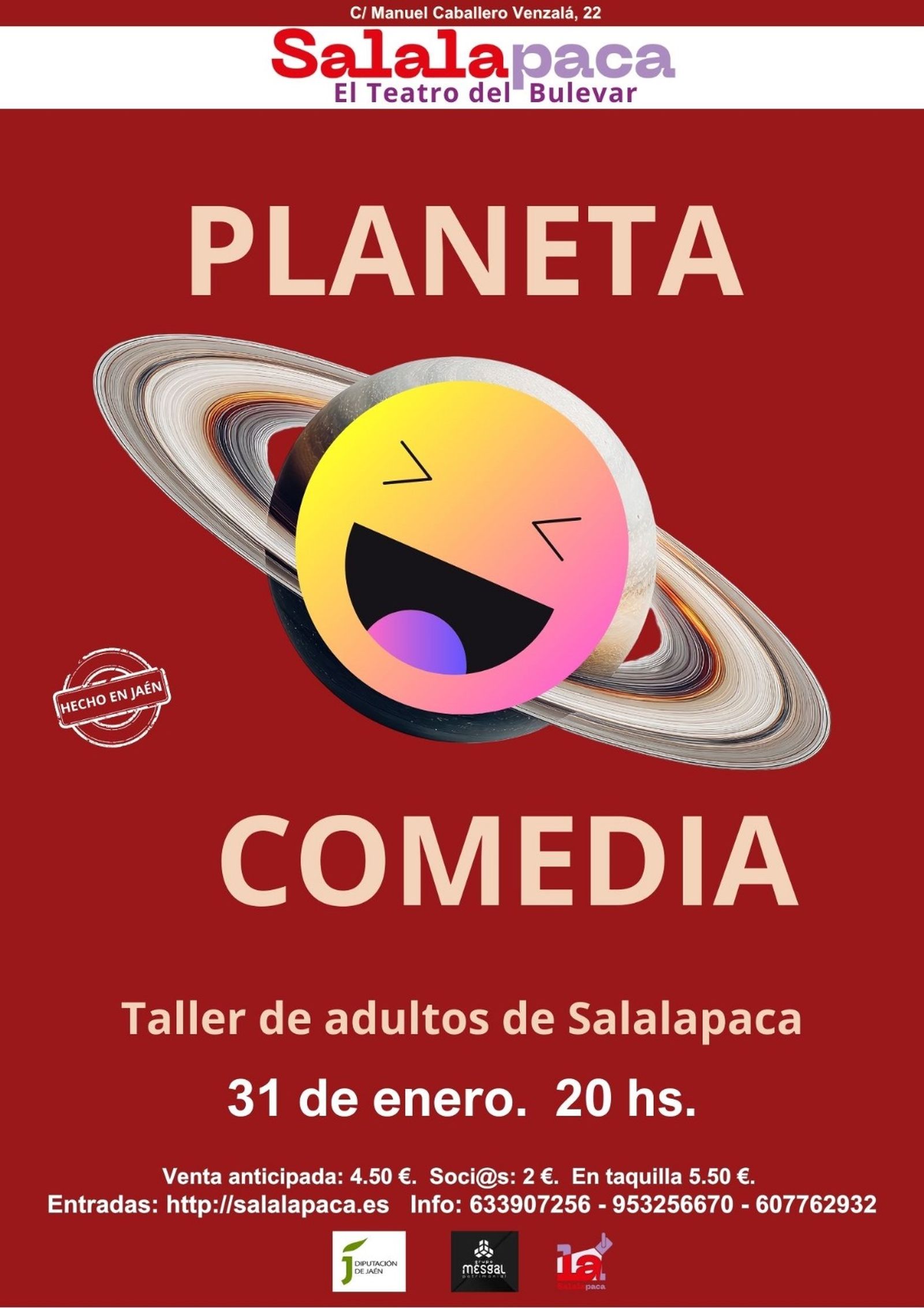 El taller de adultos de Salalapaca presentará 'Planeta Comedia', un espectáculo de microteatro cargado de humor, ironía y situaciones cotidianas llevadas al extremo, el 31 de enero a las 20:00 horas en la Sala La Paca.