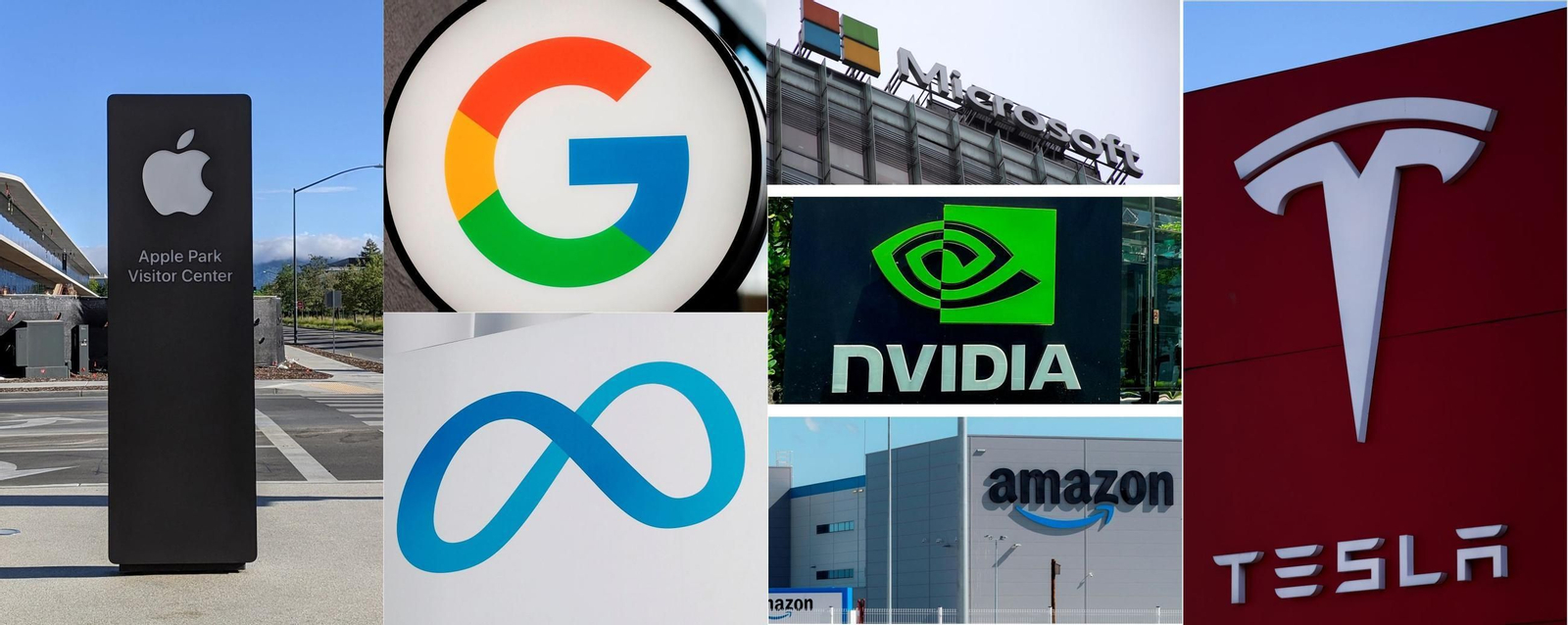 Composición con los logos y edificios de las principales tecnológicas estadounidenses.