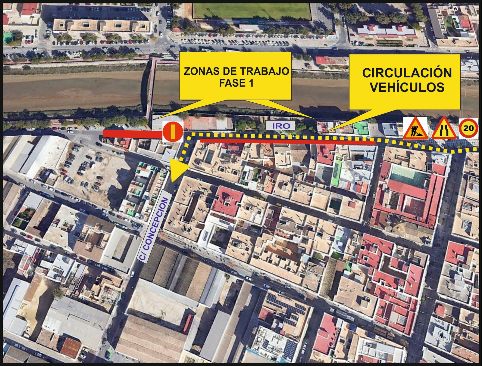 Plano donde aparecen la zona de obras y la circulación de vehículos. Plano donde aparecen la zona de obras y la circulación de vehículos.