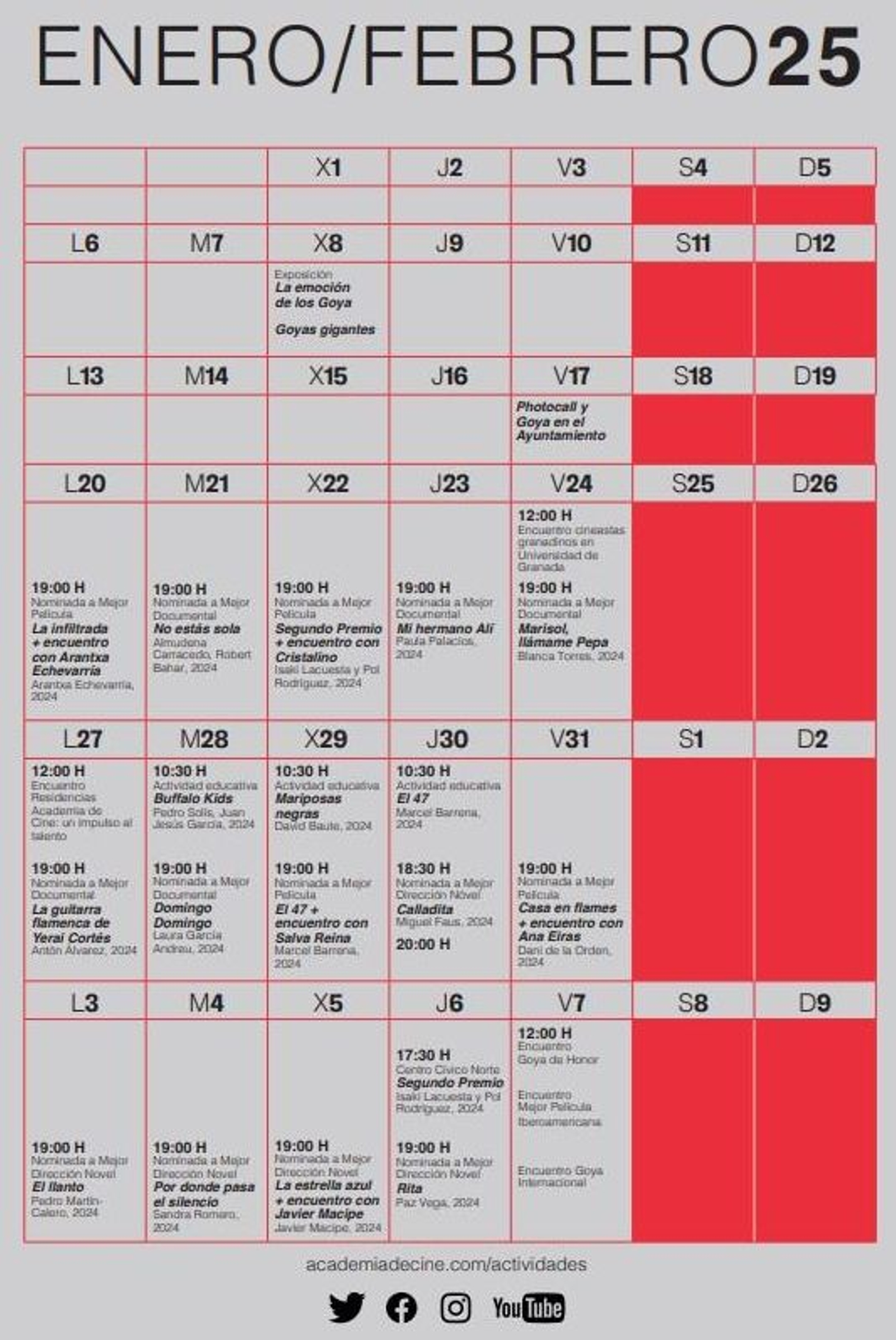 Calendario de las actividades previas a los Goya 2025 en Granada