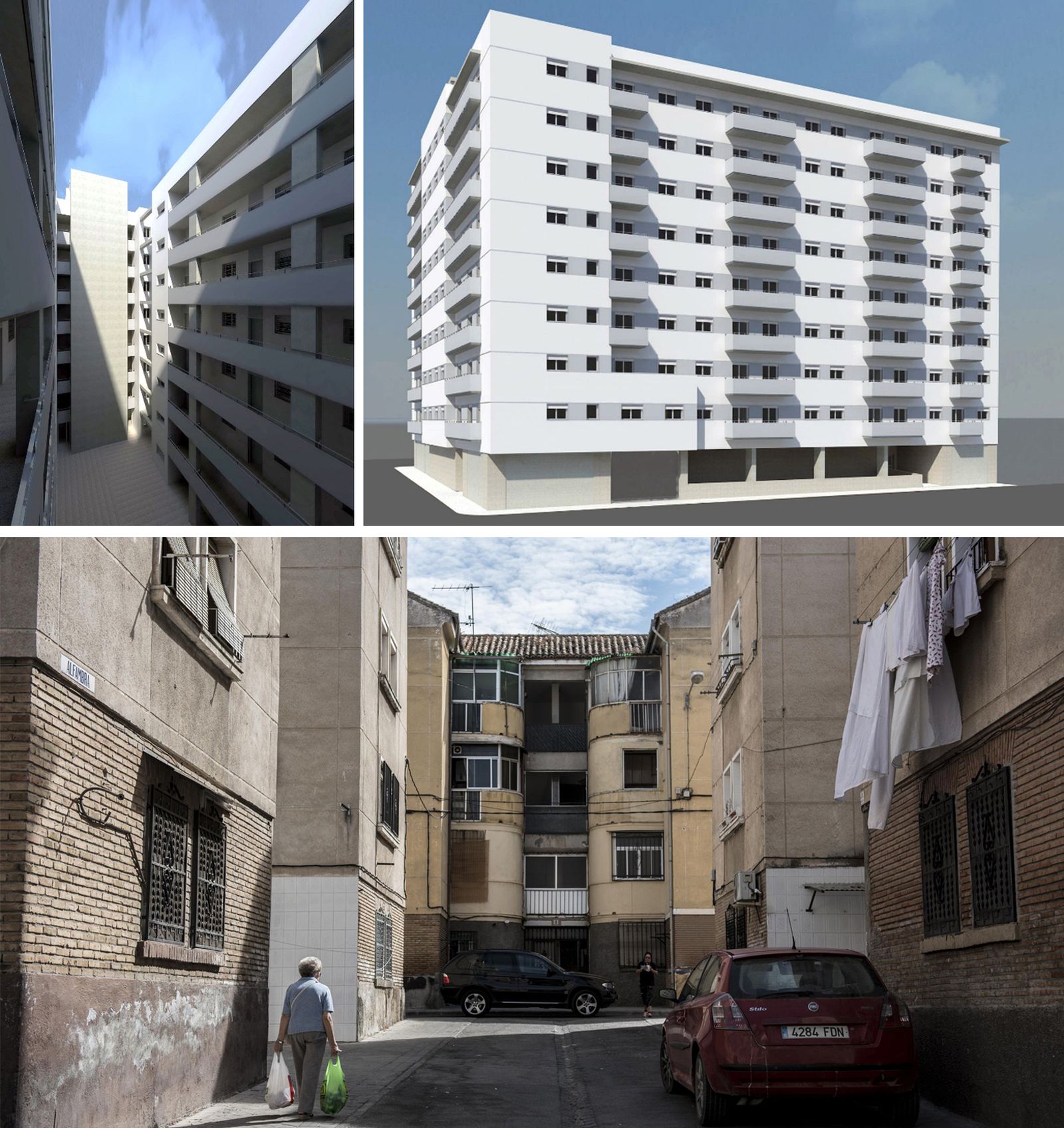 La imagen del nuevo bloque de Santa Adela y la situación actual en la que están las viviendas.