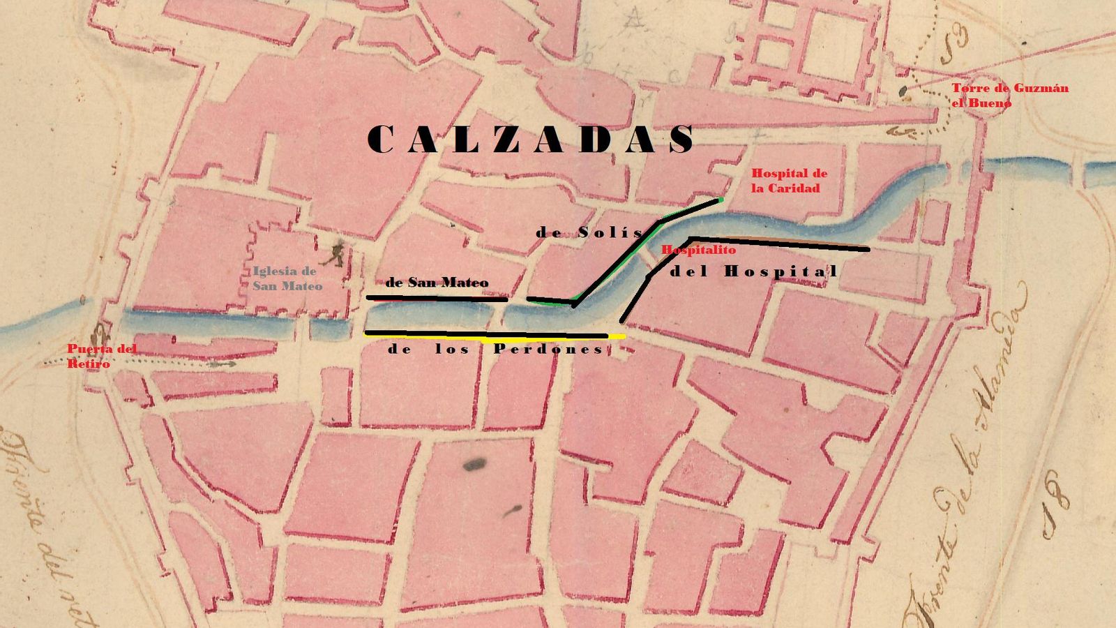 Plano de Tarifa en 1824, con el recorrido y extensión de las cuatro calzadas. Obsérvese la ubicación de los puentes intramuros.
