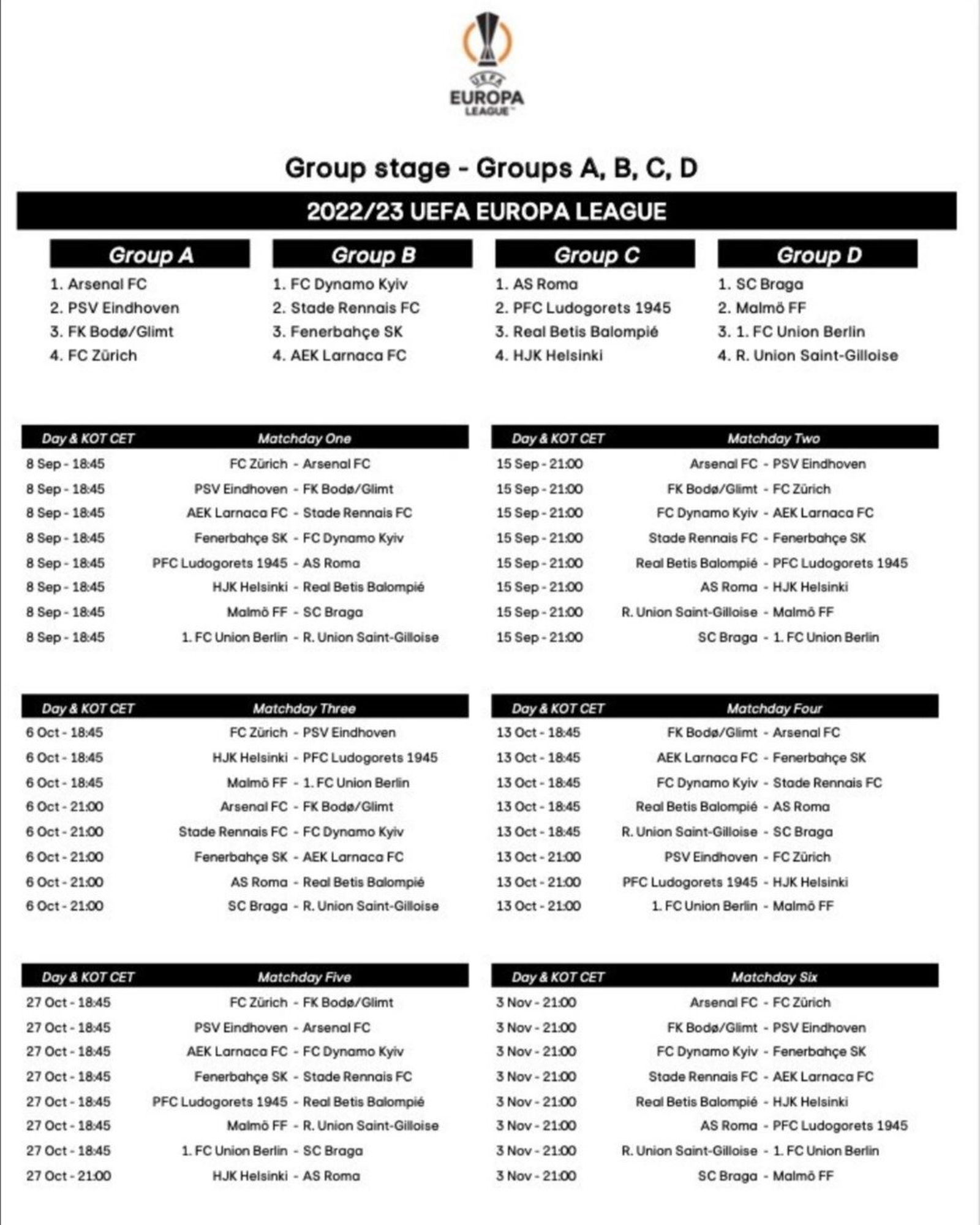 Calendario de la Liga Europa 2022-23