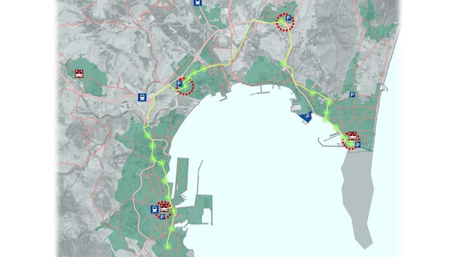 Las área intermodales propuestas y los aparcamientos disuasorios.