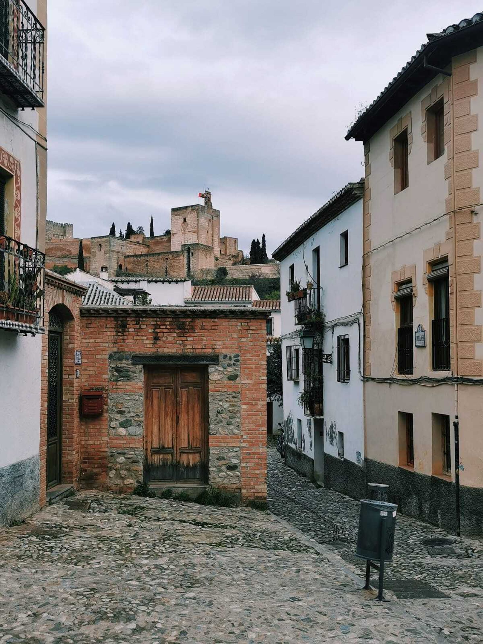 Imagen de la papelera que rompe el cuadro paisajístico de esta calle de Granada