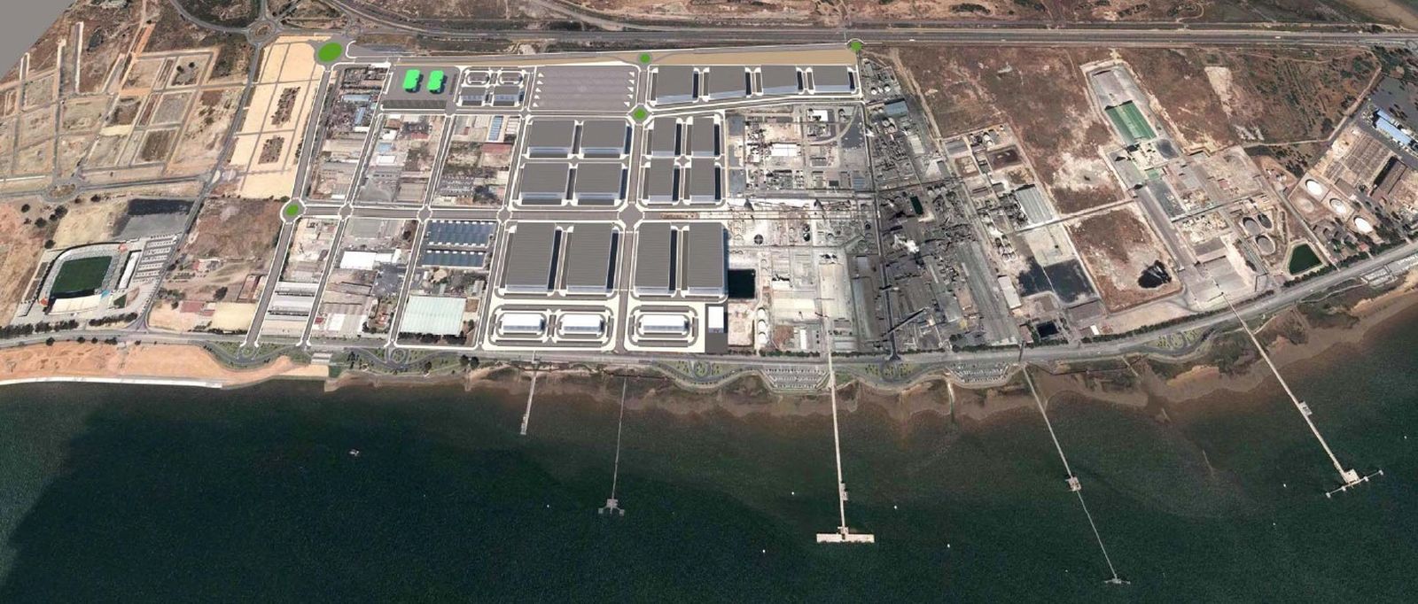 Imagen de una recreación de toda la superficie donde se instalará la ZAL entre el estadio Nuevo Colombino y las actuales instalaciones de Atlantic Copper.