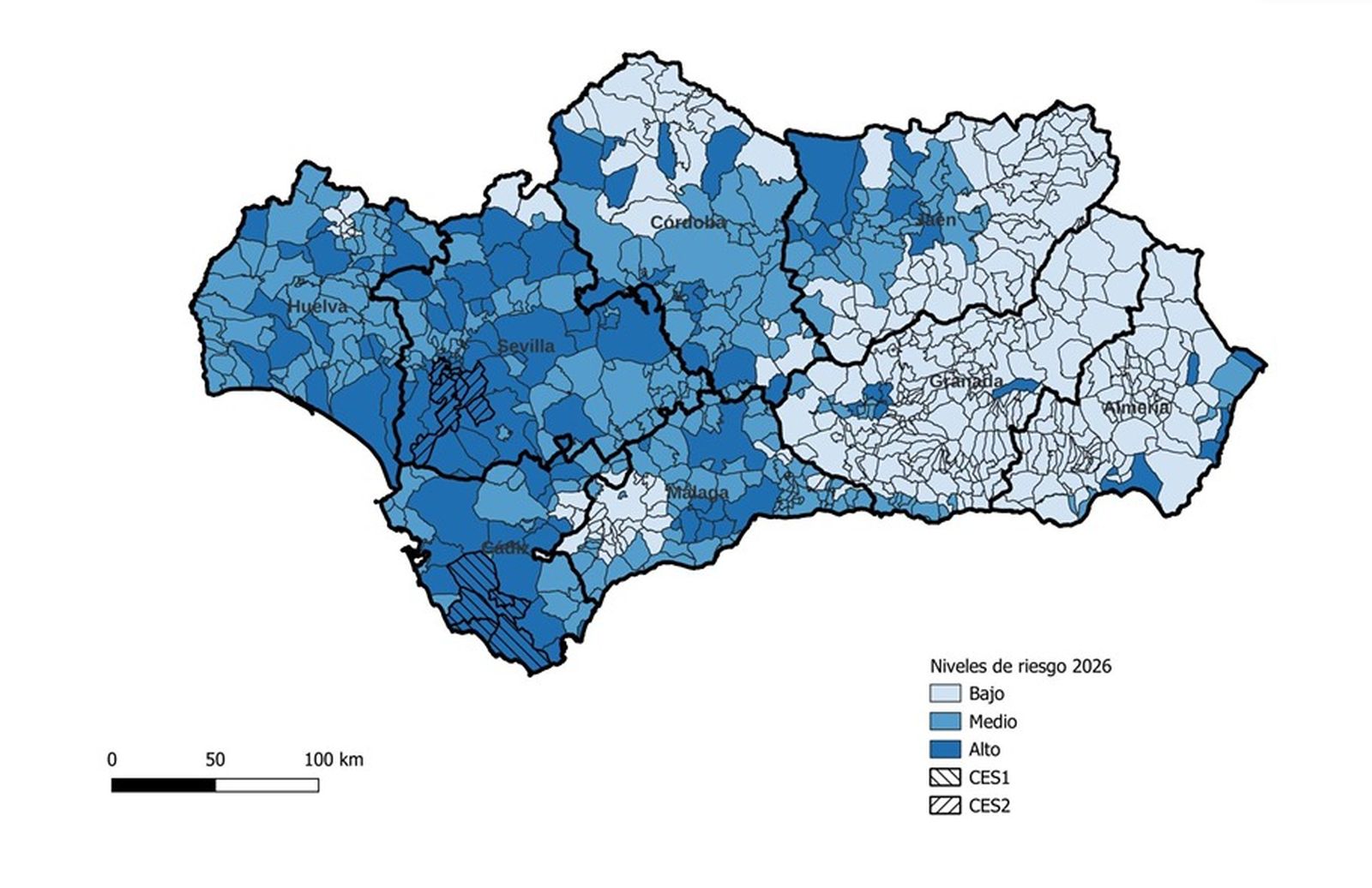 Imagen del mapa andaluz de los niveles alto, medio y bajo.