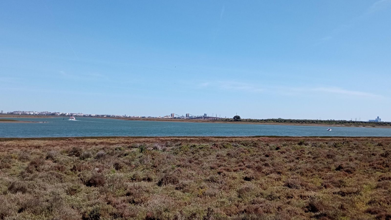 La vista del Río de la Bota con barcos transitando y con la imagen de Huelva de fondo