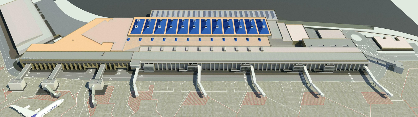 Recreación virtual de cómo quedará el aeropuerto de Sevilla tras la remodelación.