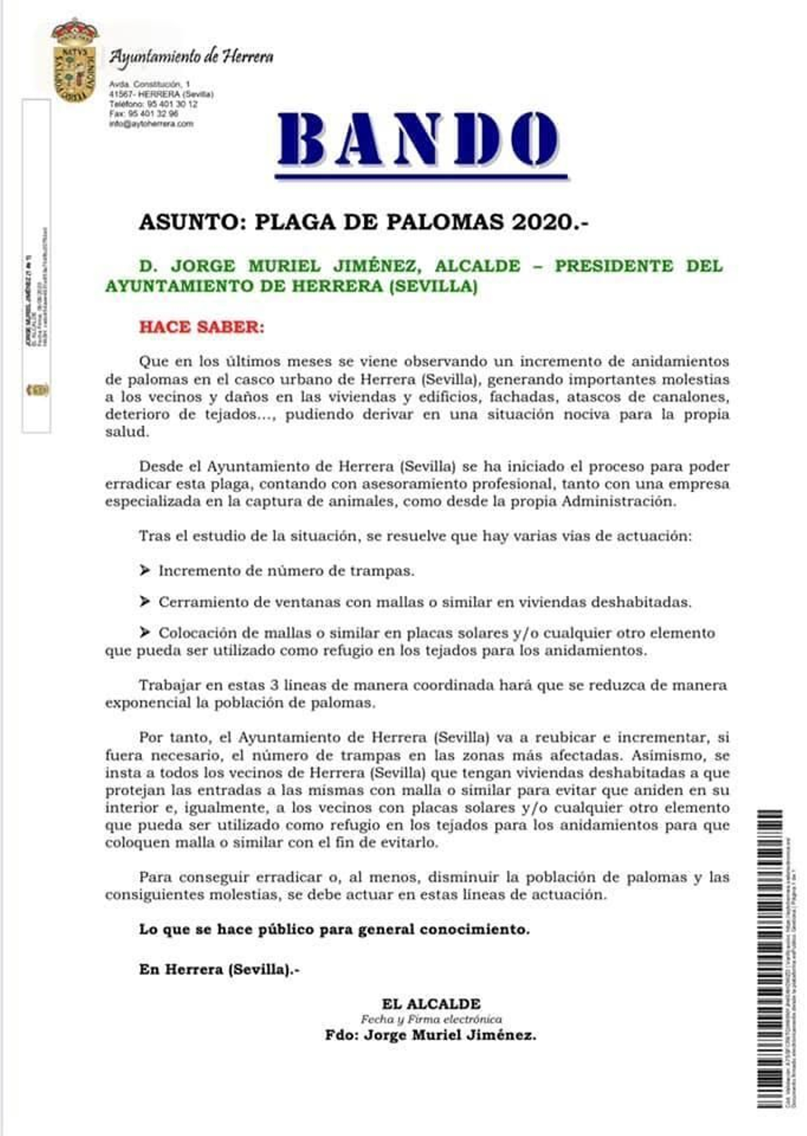 El bando que ha sacado el alcalde de Herrera, Jorge Muriel (PP), pidiendo colaboración para atajar la plaga de palomas.