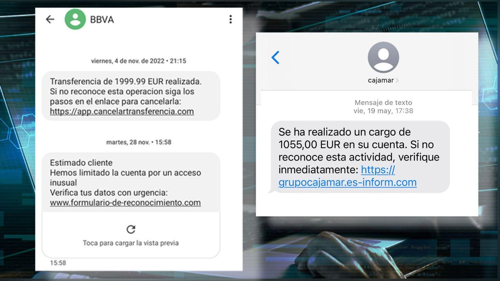 Así son los mensajes fraudulentos que simulan ser del banco.