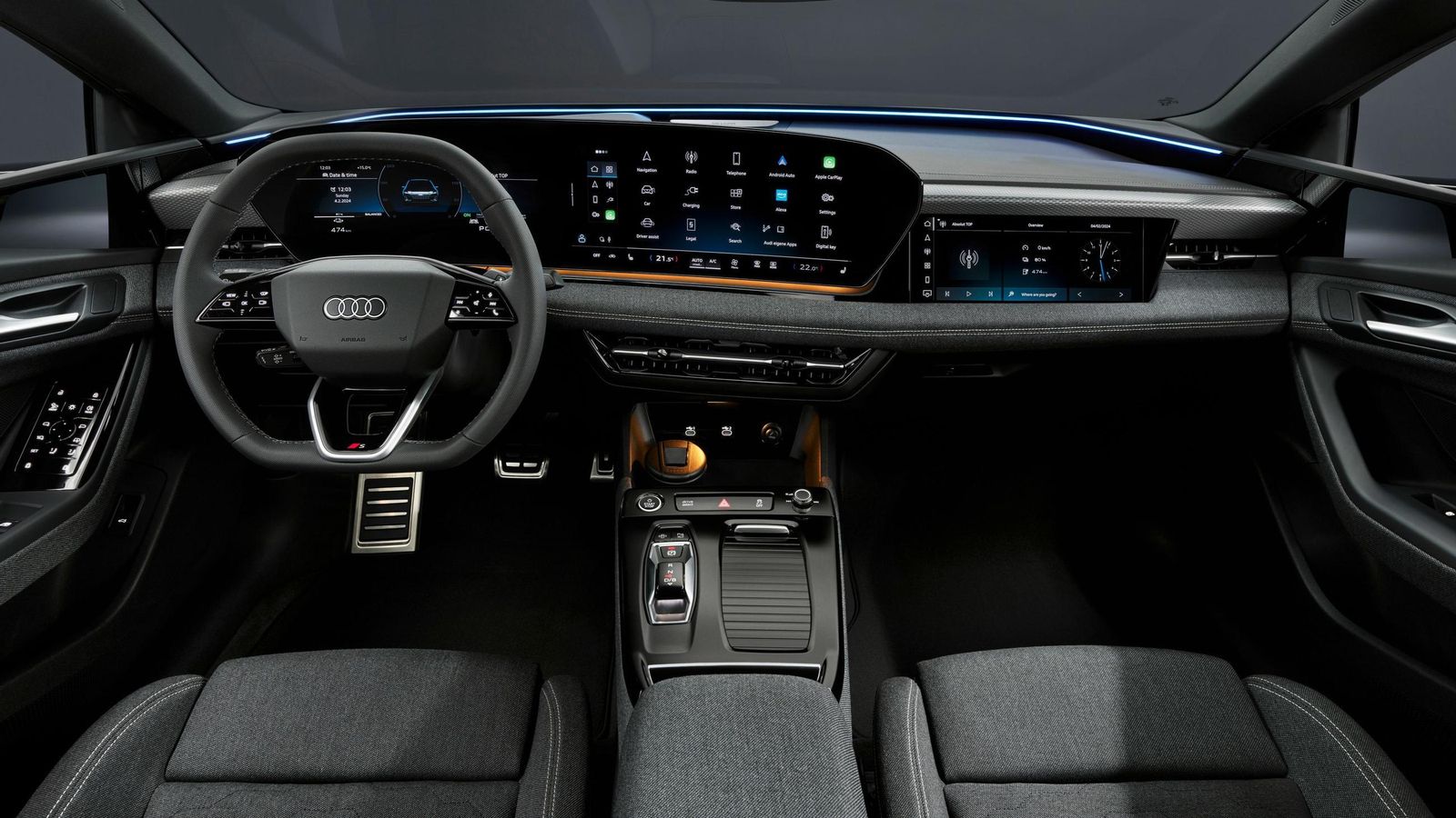 El salpicadero podría pasar perfectamente por el de cualquier modelo de última hornada de Audi, como el Q6 e-tron o el mismo A5.