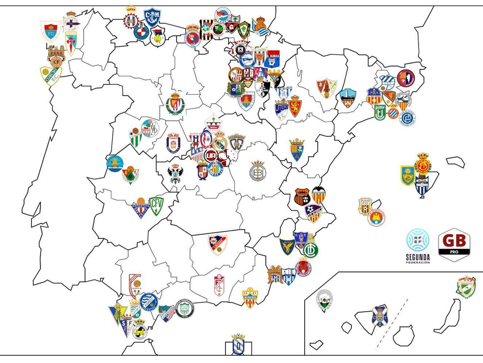 El mapa de España con los 90 clubes de Segunda RFEF