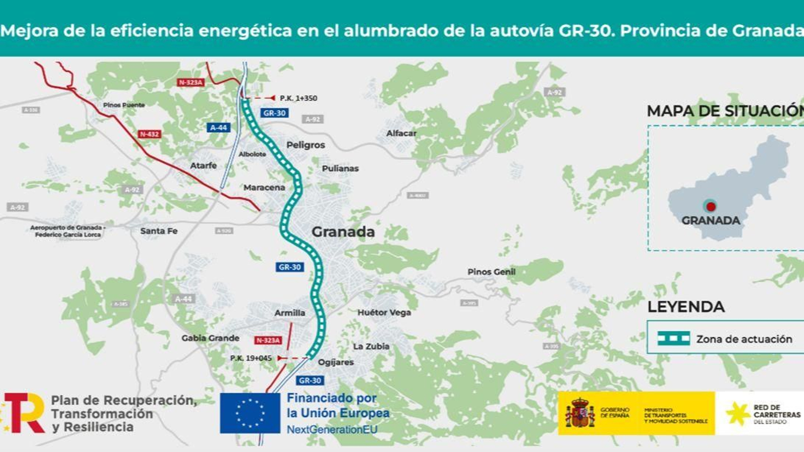 Mapa de actuación de las obras de mejora de la eficiencia energética de la GR-30 en Granada Mapa de actuación de las obras de mejora de la eficiencia energética de la GR-30 en Granada