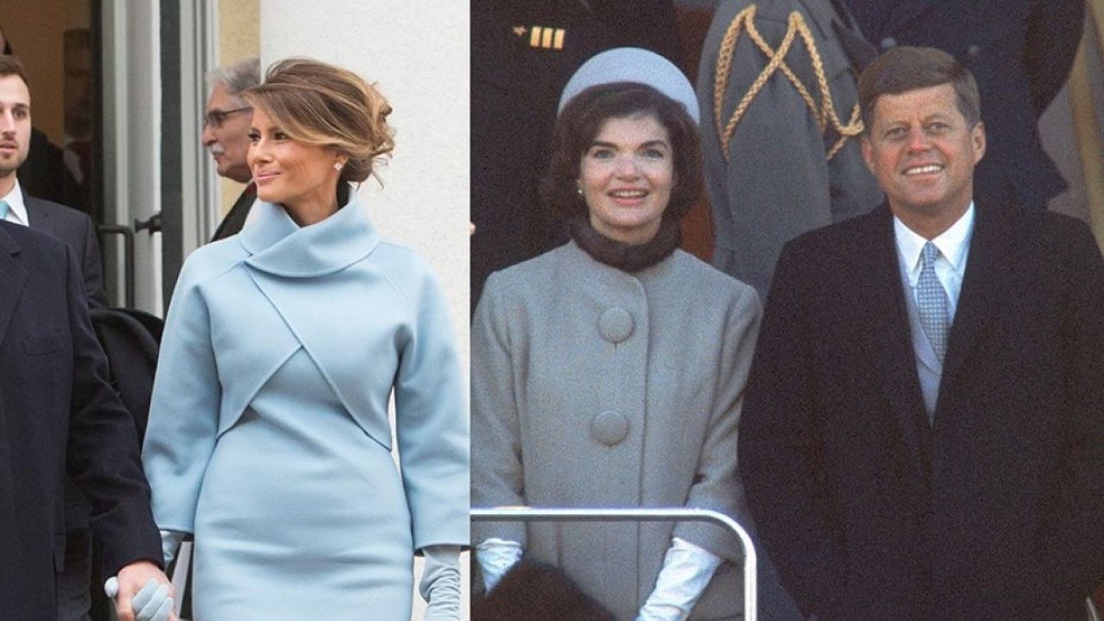Melania Trump, de celeste, rindiendo homenaje al traje chaqueta de Jackie Kennedy.