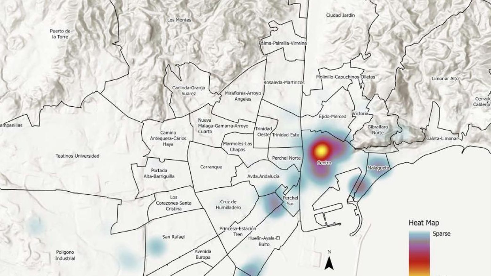 Mapa de la capital malagueña que indica donde es más probable que se produzcan hurtos a turistas.