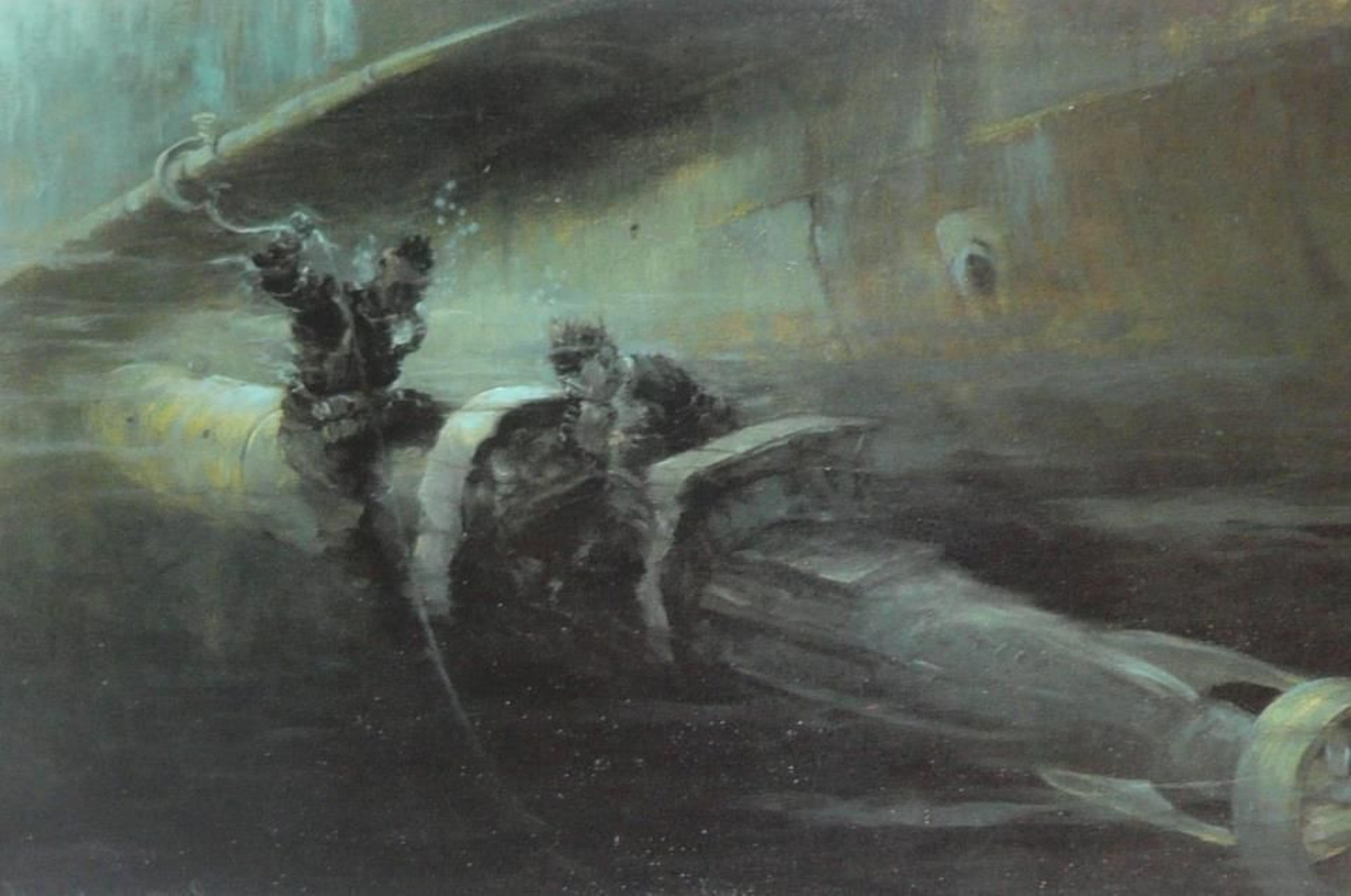 Operación de fijación de la cabeza de combate, obra del pintor Rudolf Claudus.