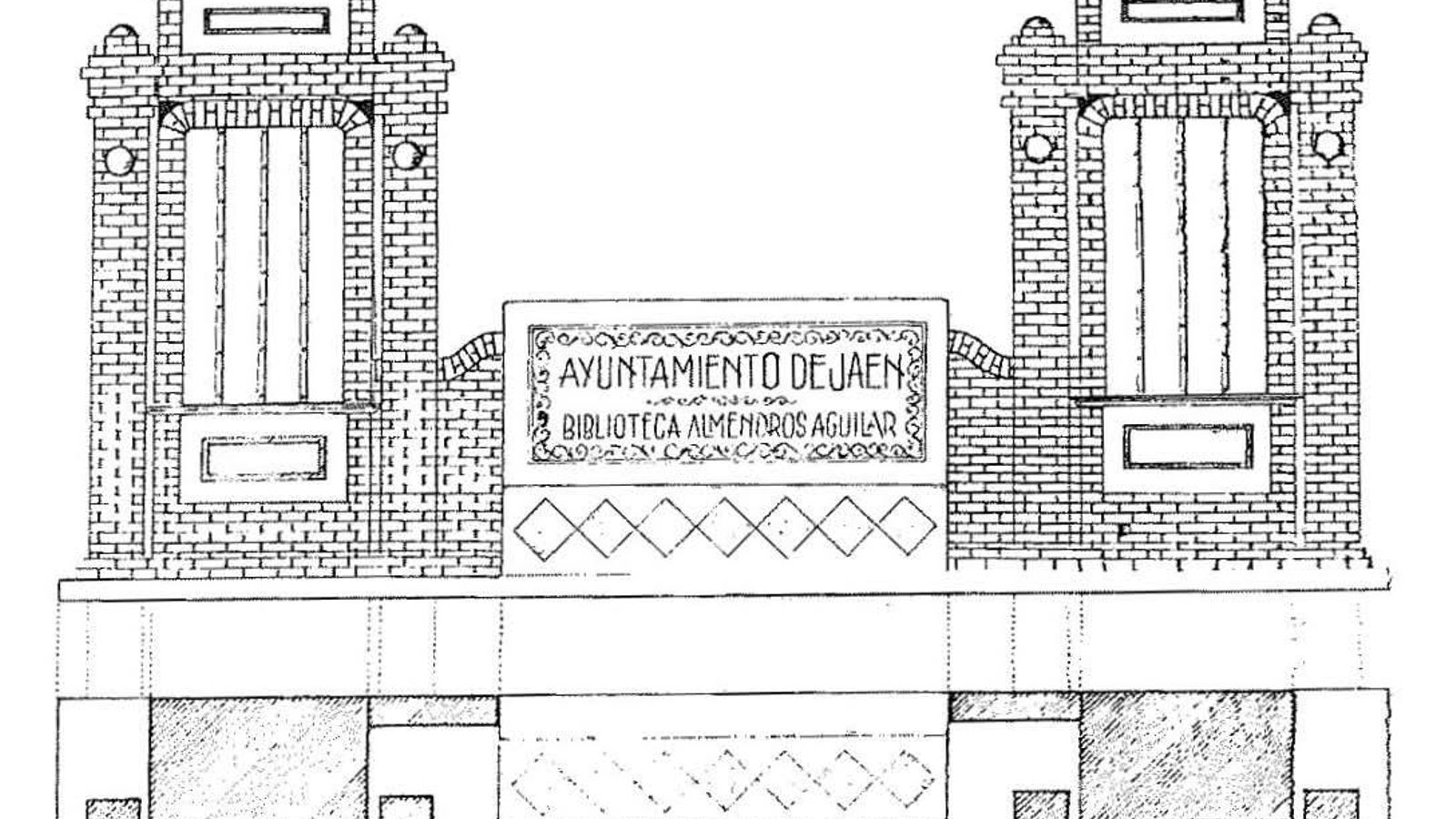 Dibujo original de la Biblioteca de Verano. Se puede apreciar la inscripción "Biblioteca Almendros Aguilar" y "Ayuntamiento de Jaén" en el respaldo del banco.