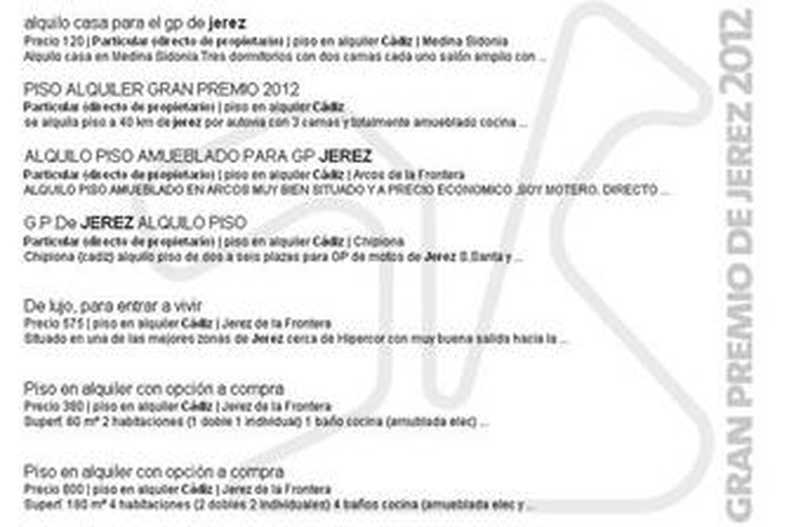 Ofertas de alquileres para el Gran Premio de Jerez en un portal de Internet.