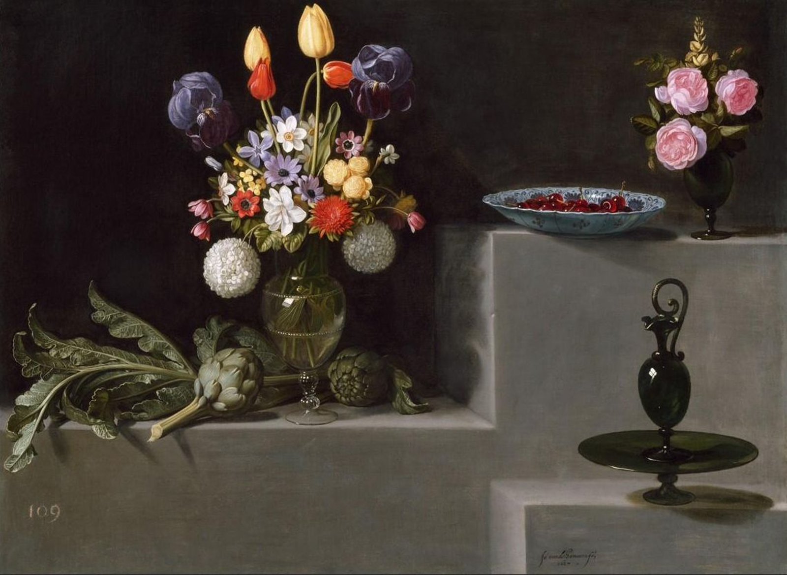 Bodegón con alcachofas, flores y recipientes de vidrio Juan van der Hamen. Óleo sobre lienzo, 81 x 110 cm 1627 Madrid, Museo Nacional del Prado. Sala 010B.