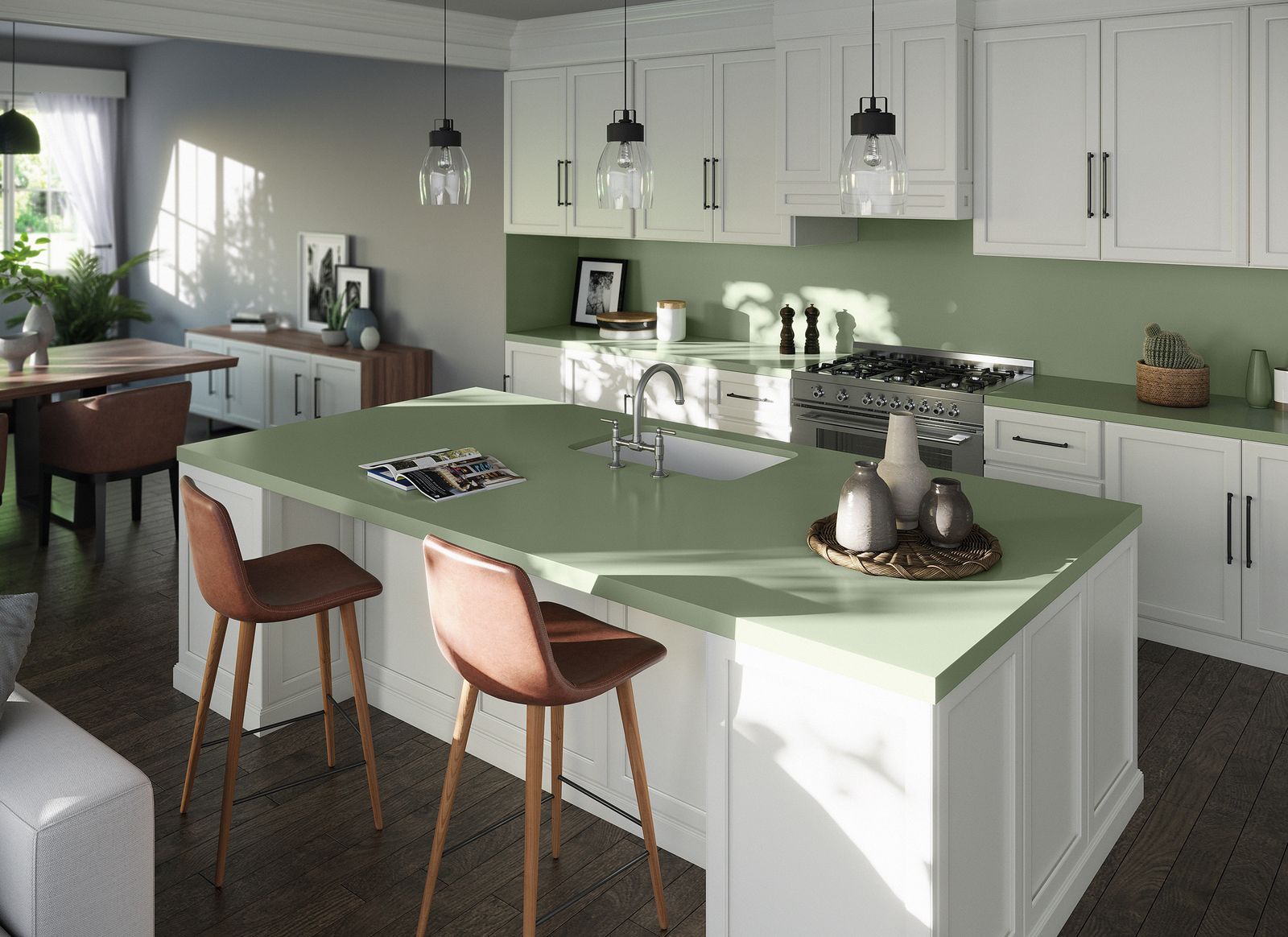 Cocina Posidonia Green de la última colección Silestone® Sunlit Days.