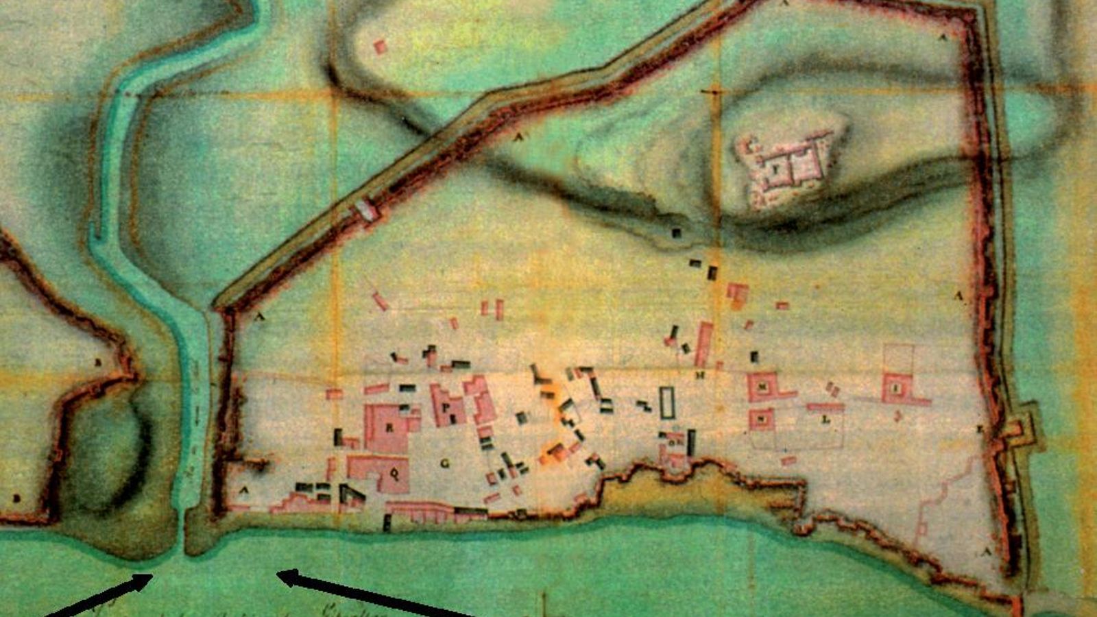 La resurgida Algeciras en el año 1724. Señaladas con flechas la inexistencia de estructuras portuarias.