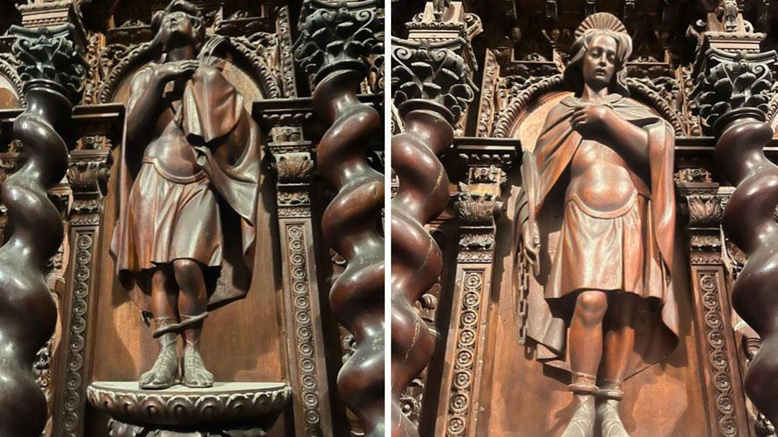Imágenes de los Patronos de Cádiz talladas en el coro de la Catedral.