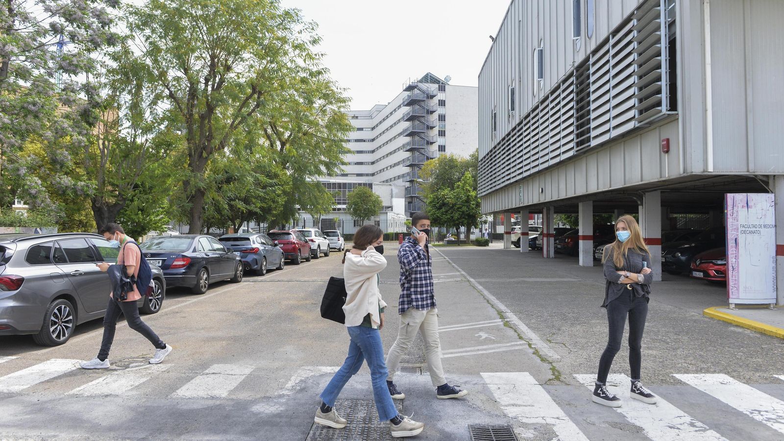 Varios jóvenes cruzan por un deteriorado paso de peatones en el interior del Campus de Medicina. Varios jóvenes cruzan por un deteriorado paso de peatones en el interior del Campus de Medicina.