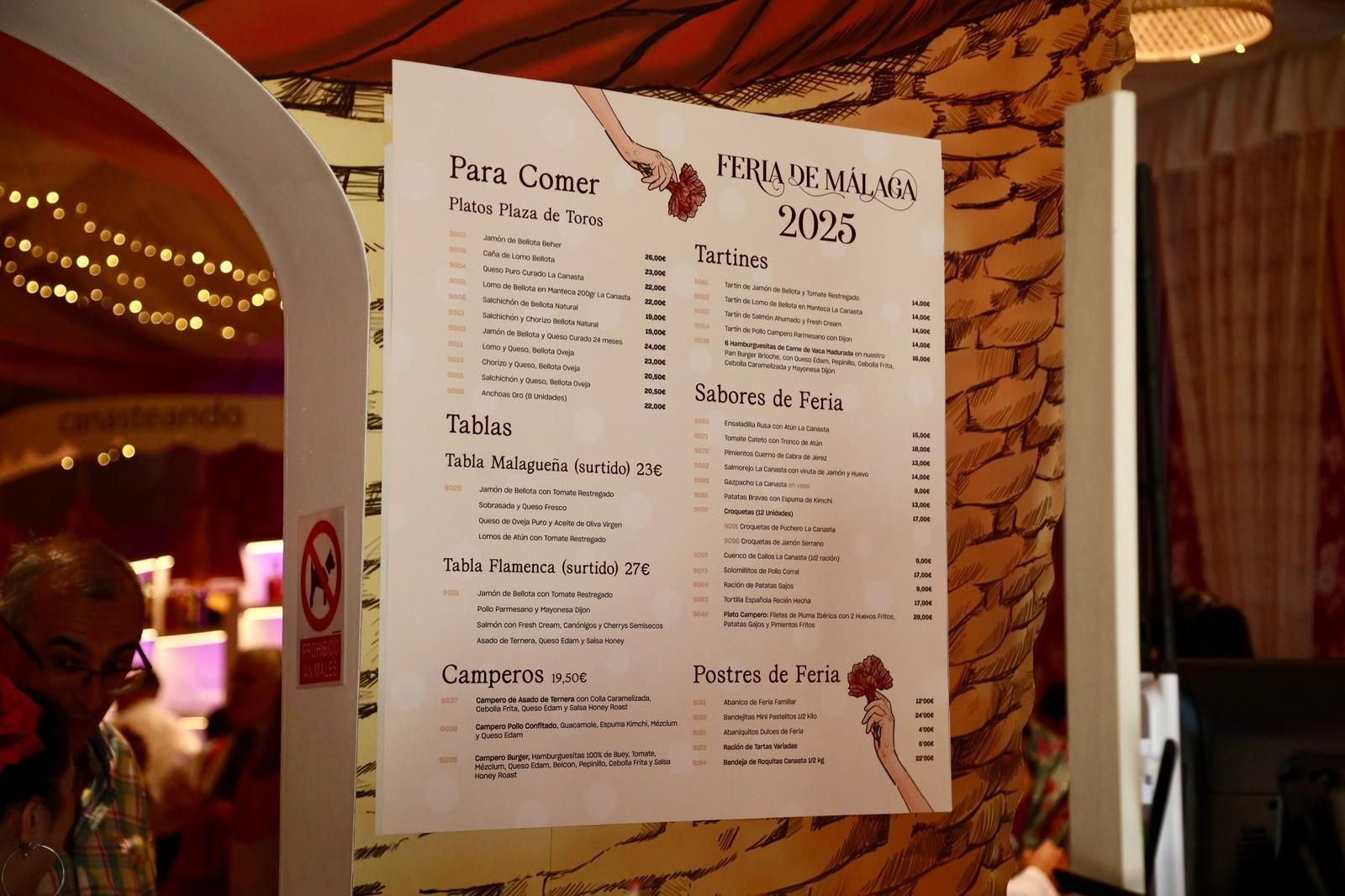 La carta de una de las casetas de la Feria de Málaga 2025.