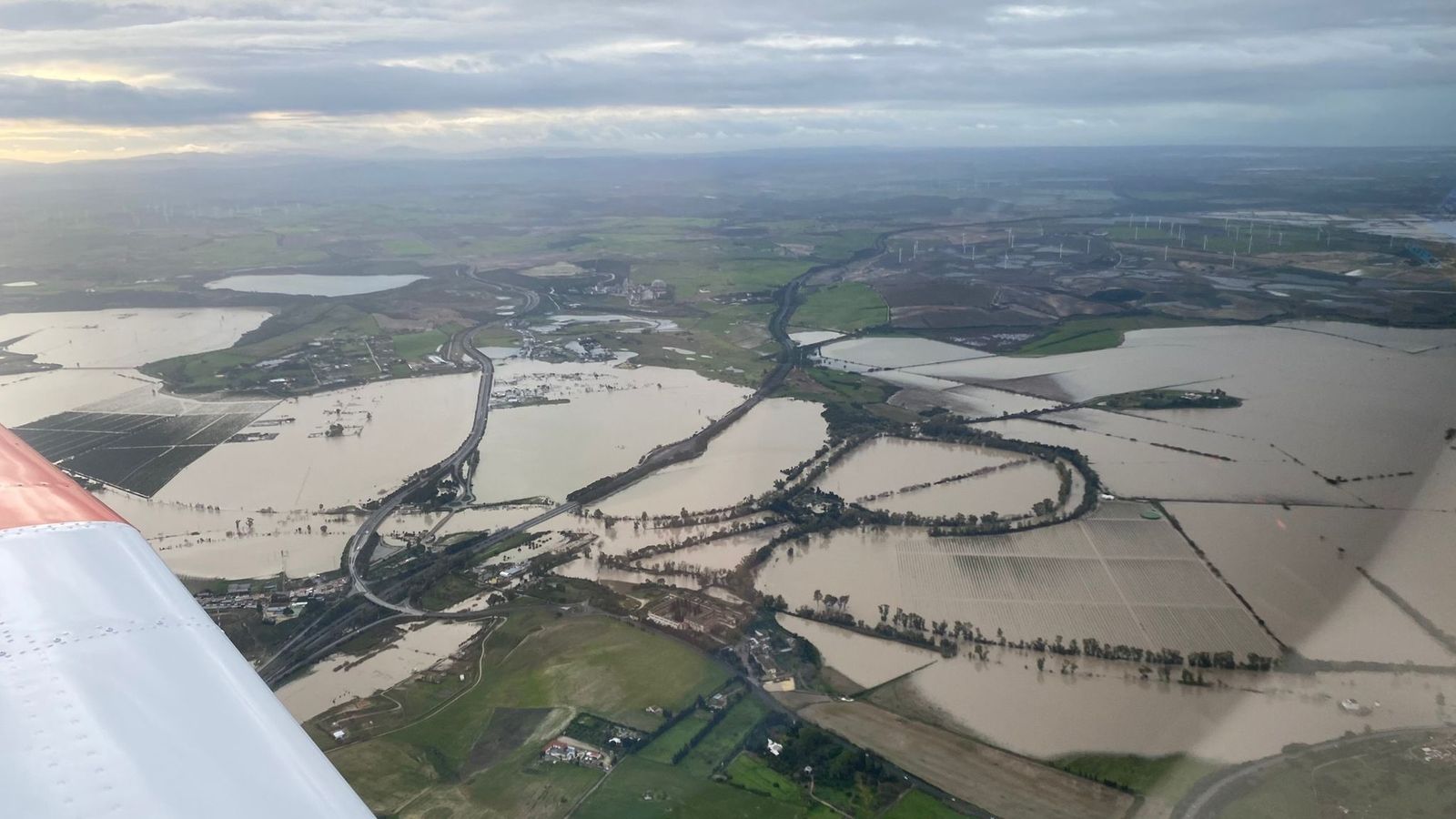Vista aérea de la Vega del Guadalete, en plenas lluvias.