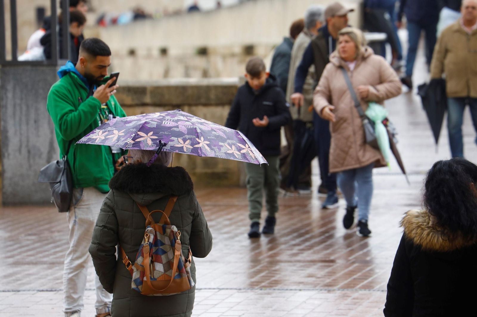 Varias personas pasean por Córdoba bajo la lluvia