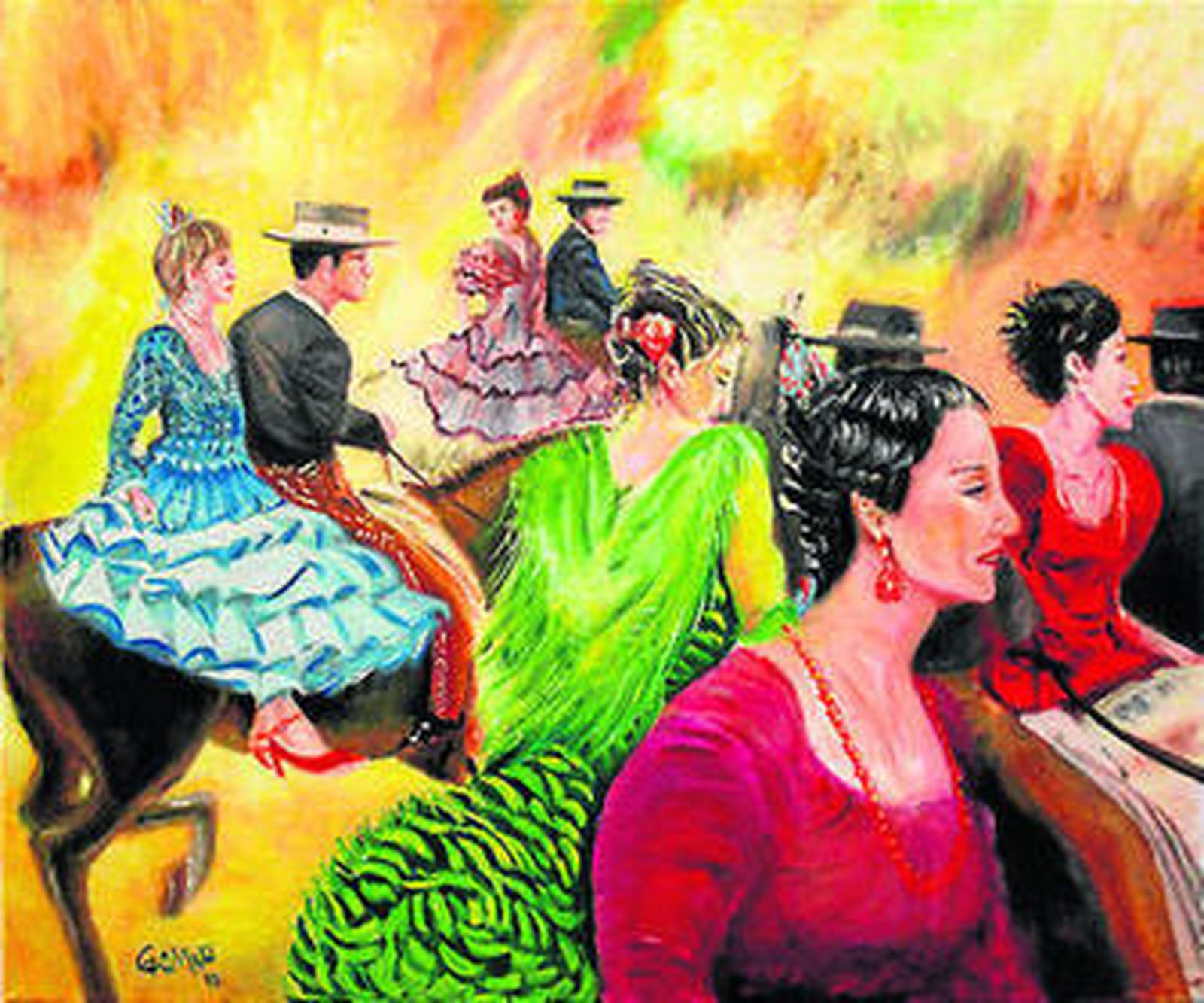 1. Derrick W. Jenkins posa en la plaza del Arenal, días atrás, uno de sus lugares favoritos de la ciudad. 2. Una de las pinturas sobre la Feria de Jerez del artista francés Gerard Mignot. 3. Fotografía del belga afincado en Jerez Cedric García, que también participará en la elaboración de este libro.