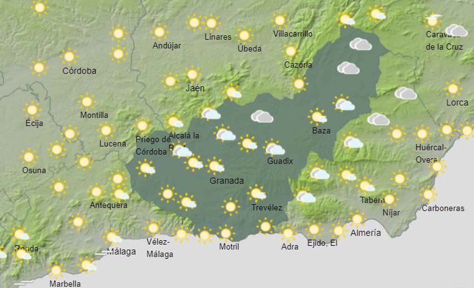 Mapa de previsión meteorológica previsto para este lunes en Granada