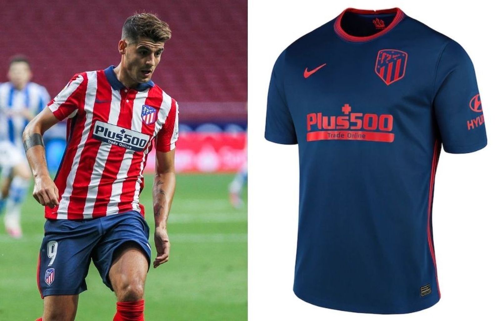 El Atlético también apuesta por lo clásico en su primera indumentaria, rojiblanca con franjas irregulares al estilo de dibujo a mano alzada y cuello tipo polo en azul marino. Este color predomina en la segunda equipación, con detalles en rojo intenso en el cuello y los costados y el escudo monocromático.