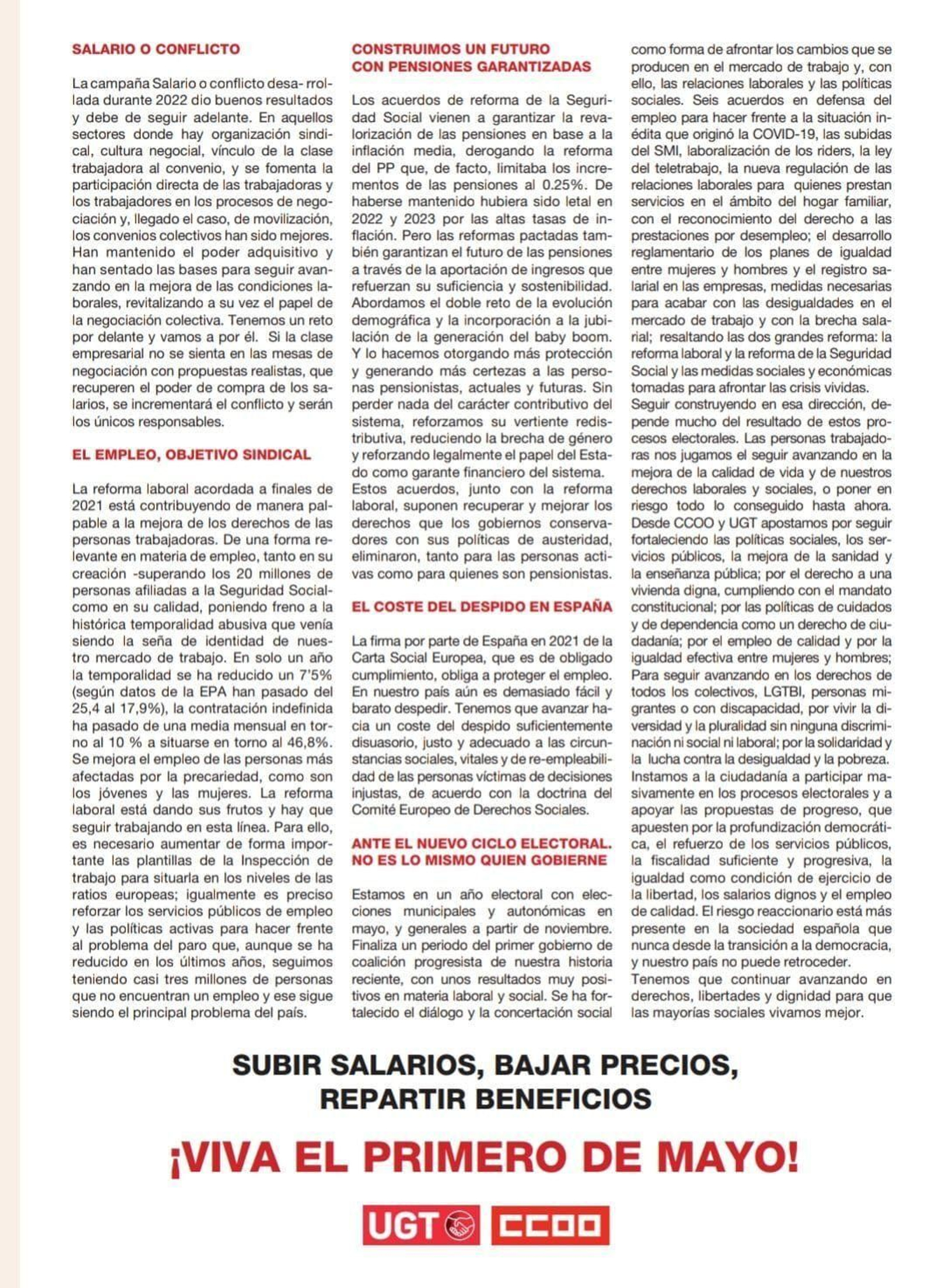 El manifiesto conjunto de CCOO y UGT de Primero de Mayo El manifiesto conjunto de CCOO y UGT de Primero de Mayo