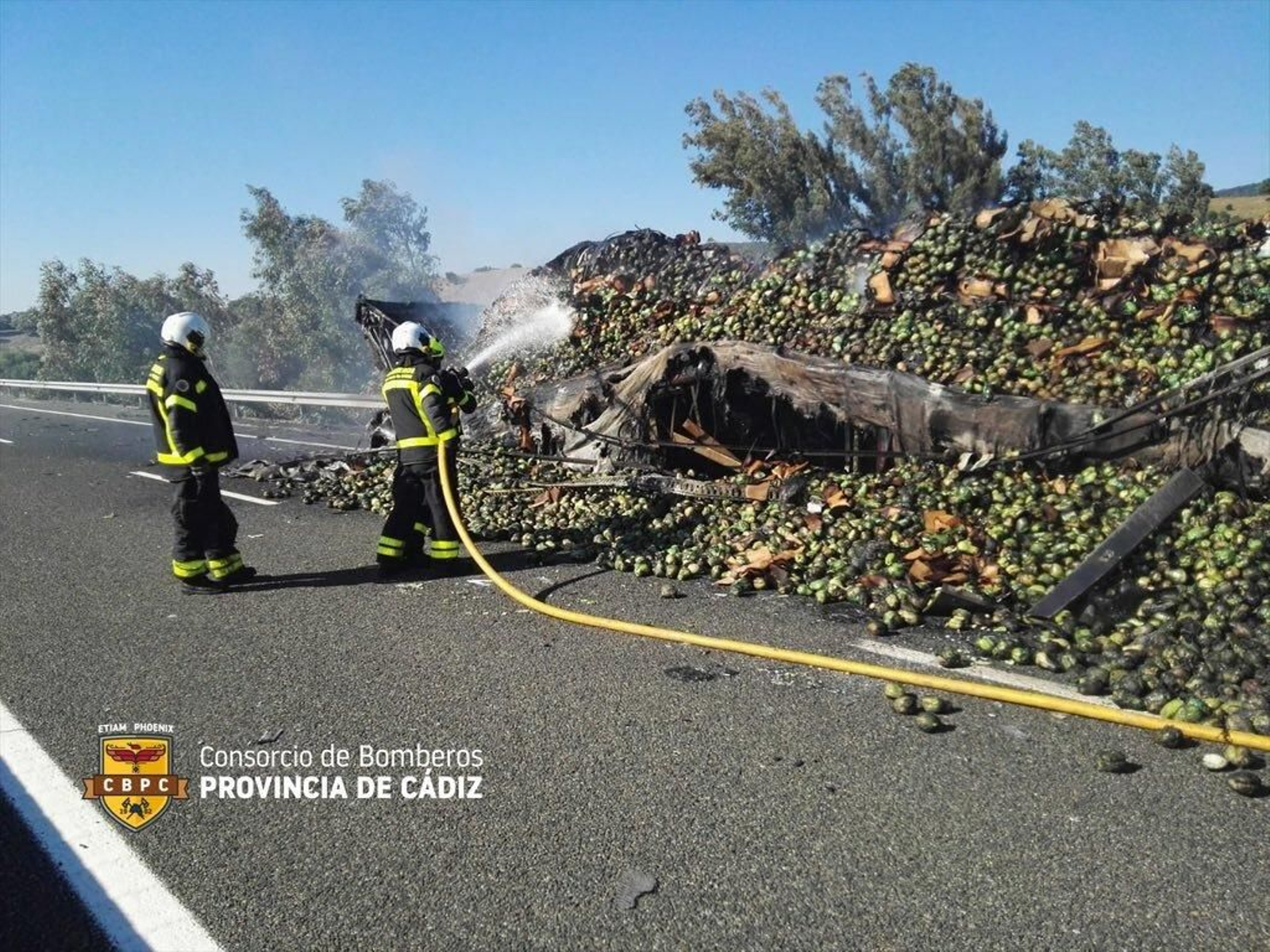 Bomberos sofocan el incendio de la carga de chayotes de un camión que iba camino de Jerez .