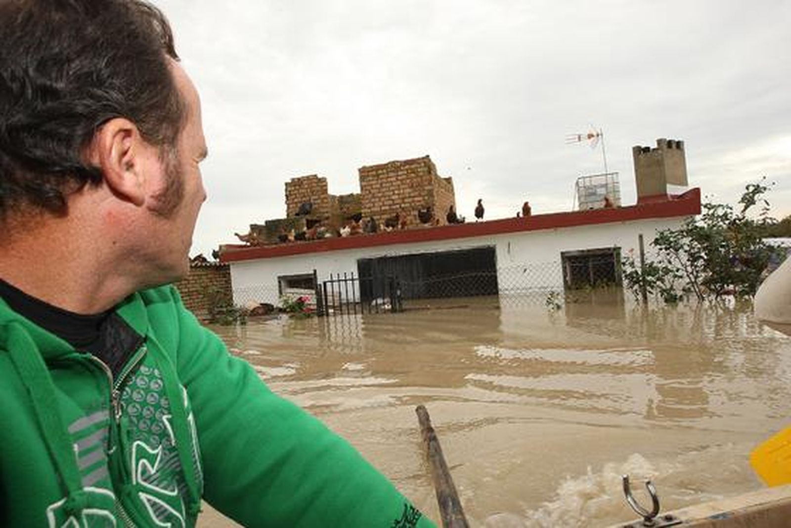 Un hombre mira el techo de una casa con varias gallinas resguardándose del agua.

Foto: Juan Carlos Toro