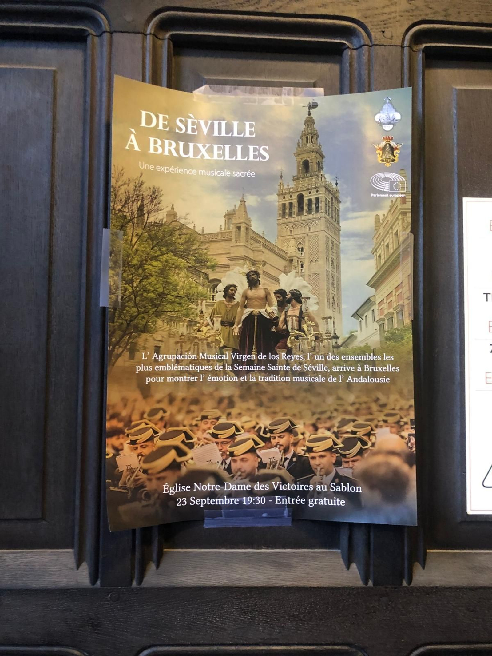 El cartel del concierto de la Agrupación Musical Virgen de los Reyes en Bruselas