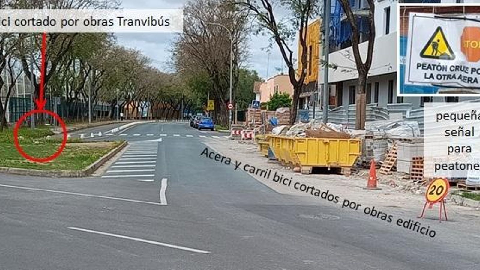 El corte del carril bici en otro tramo de Sevilla Este por el Tranvibús.