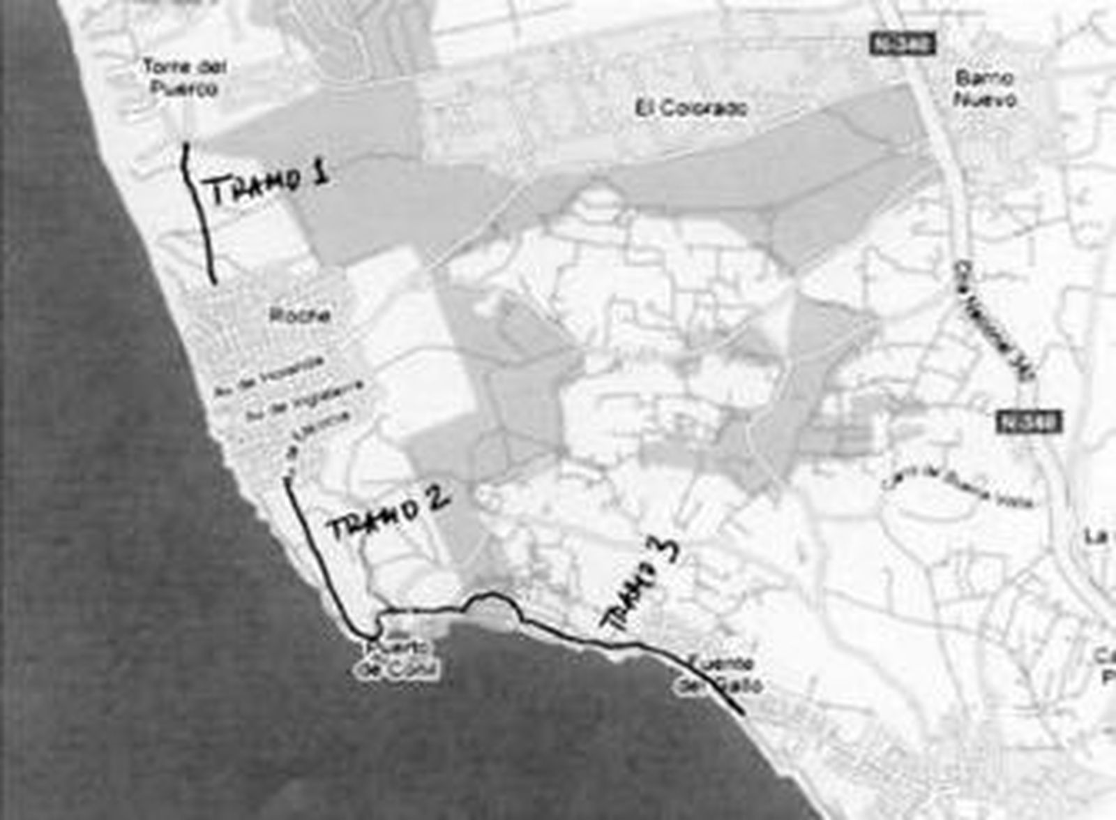 Plano de la zona con los tramos propuestos para el carril bici.