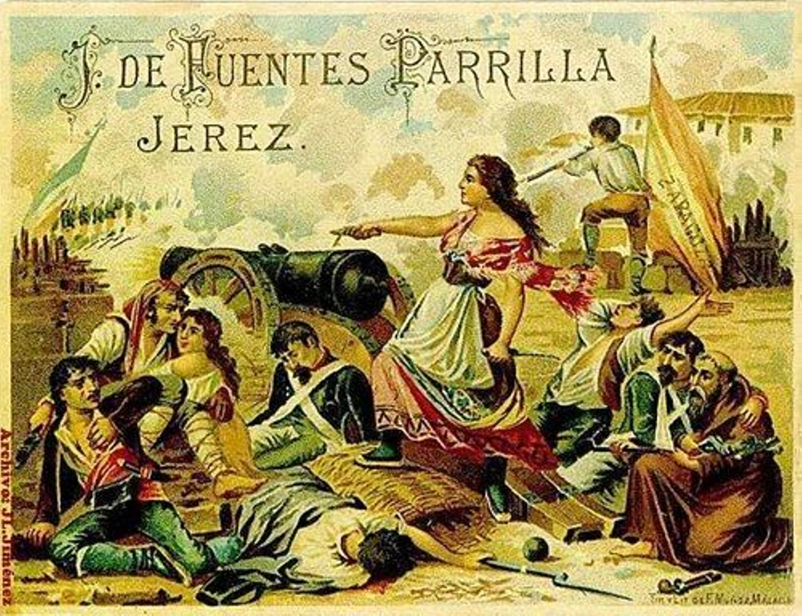 La defensa de Zaragoza, de Miguel Navarro Cañizares, en una etiqueta de Fuentes Parrilla.